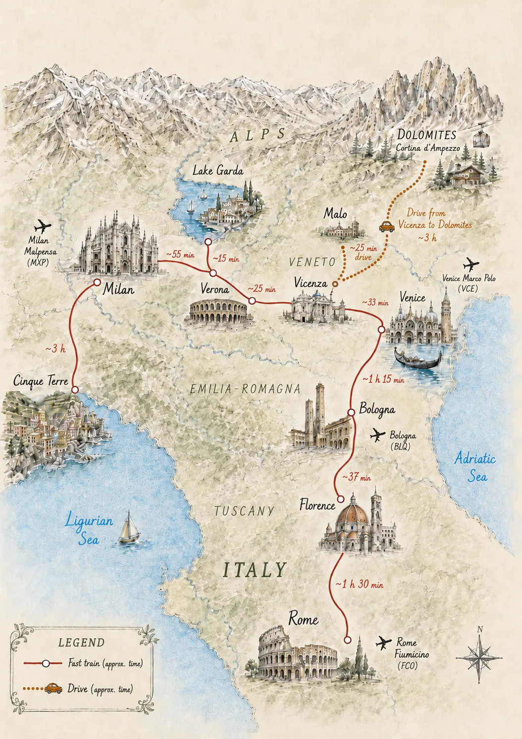 Illustrated map of day trips around Italy and Veneto