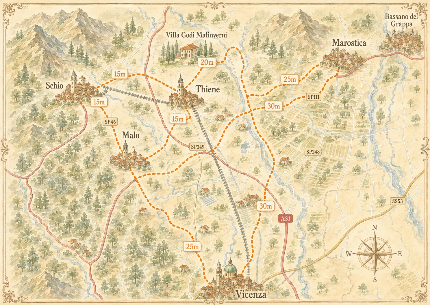 Illustrated map of lodging towns around Vicenza